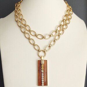 WHBM double gold chain necklace with rectangular pendant with crystals and beads